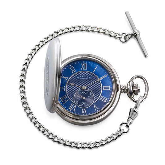 Blue dial pocket watch with chain.