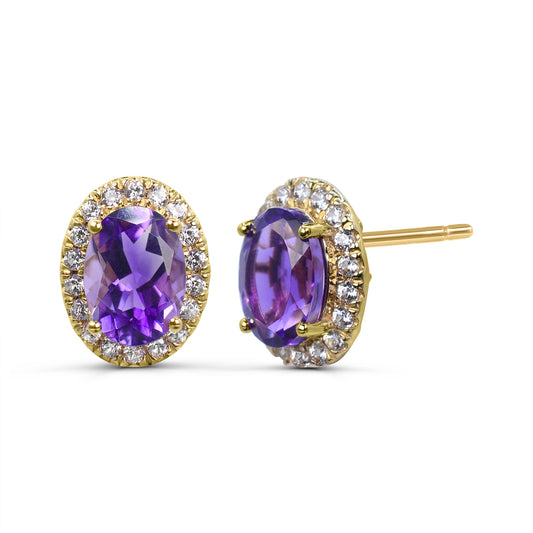 Oval amethyst earrings with zircon halo.