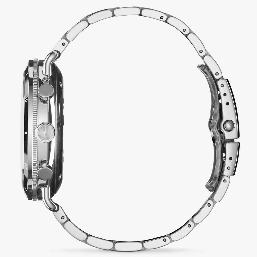 Stainless steel side view of men's watch.