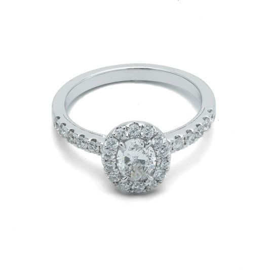 Halo Natural Diamond Complete Engagement Ring in 14 Karat White with 0.52ctw I I1 Oval Diamond