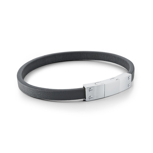 Leather Bracelet (No Stones) in Stainless Steel - Leather White - Black