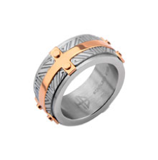 Stainless steel ring, gold-plated, white rose accents.