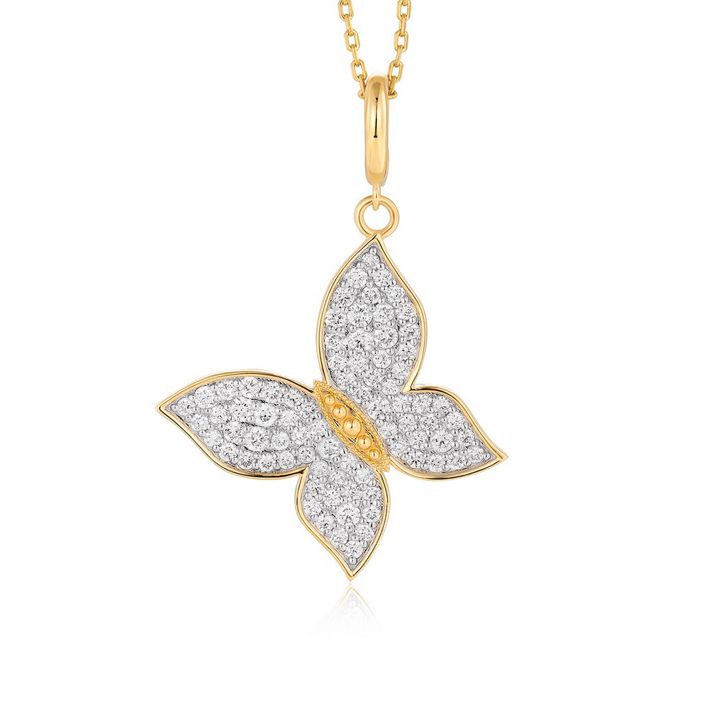 Butterfly motif necklace with round diamonds.