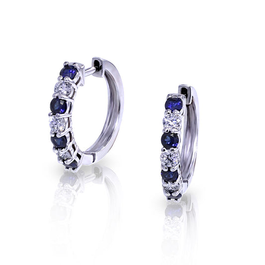 ReMARKable Designs Small Hoop Color Gemstone Earrings in 18 Karat White Gold with 8 Round Sapphires 0.40ctw