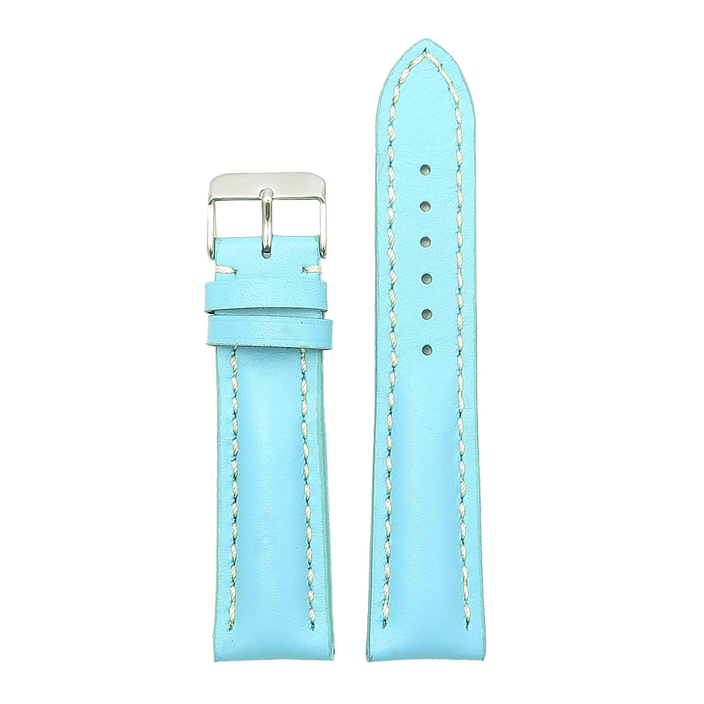 Light blue leather watch band with buckle.