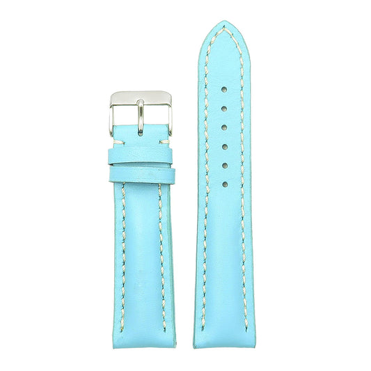Light blue leather watch band with buckle.