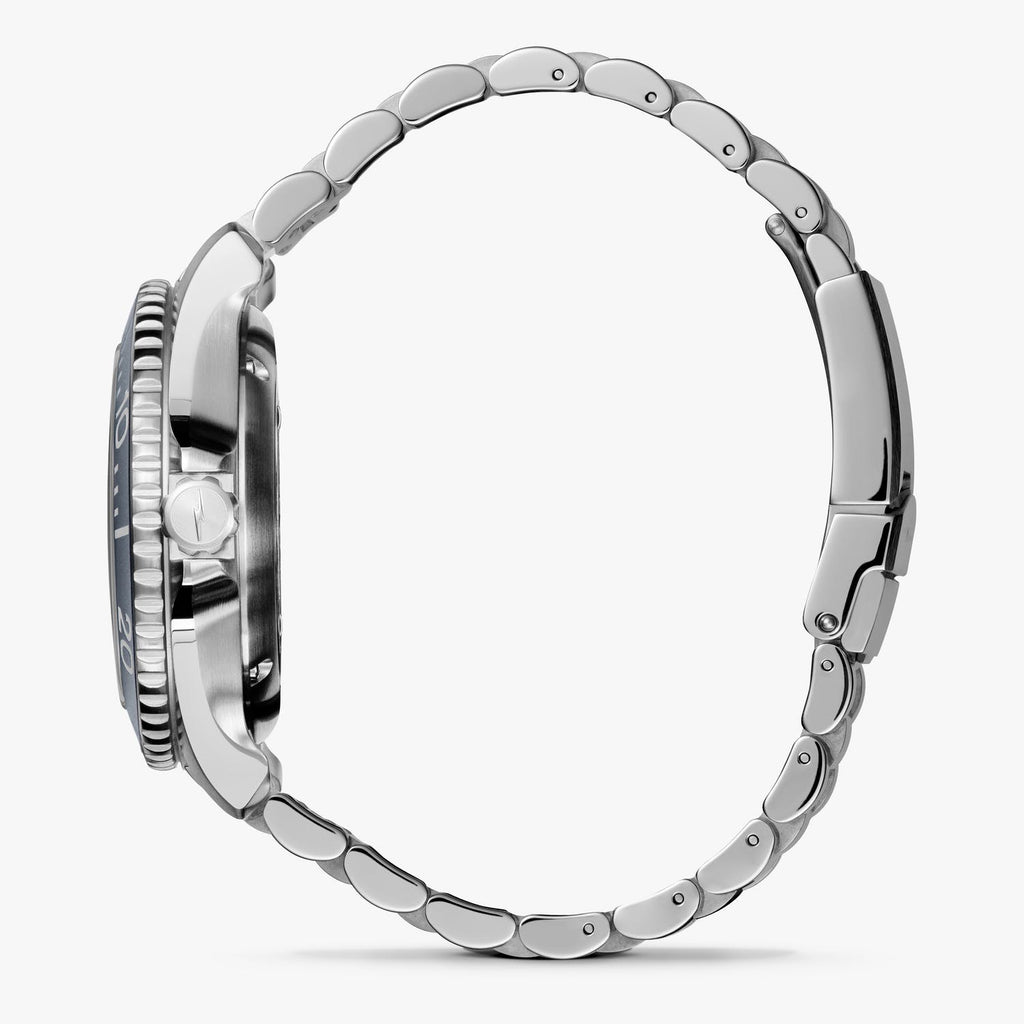 Stainless steel watch with sapphire crystal.