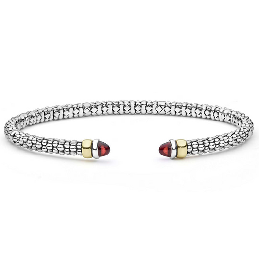 Lagos Signature Caviar Collection Cuff Color Gemstone Bracelet in Sterling Silver - 14 Karat White - Yellow with 2 Cabochon Garnets
