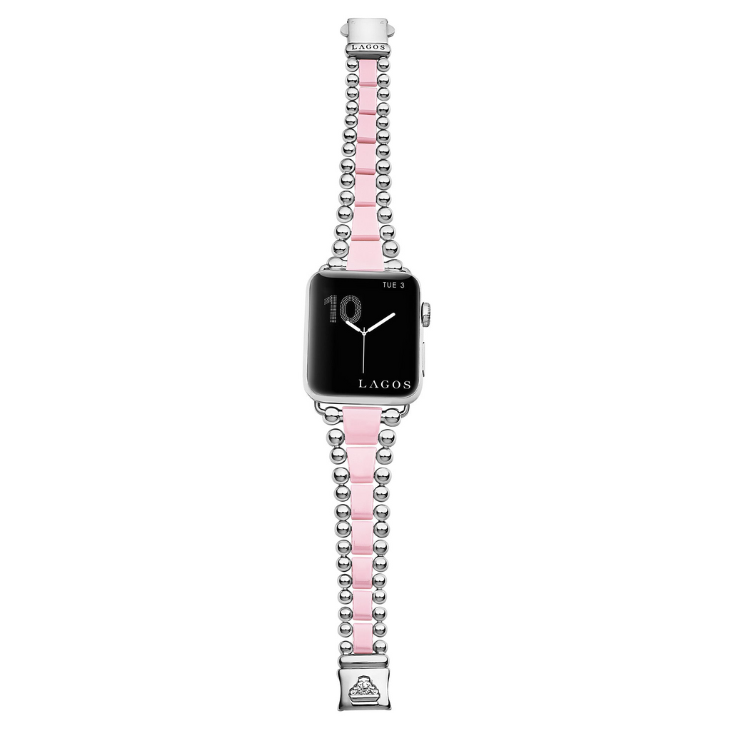 Pink ceramic and stainless steel watch band.