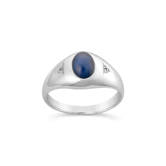 10K Solid White Gold Natural Blue Star Sapphire & Diamond Ring