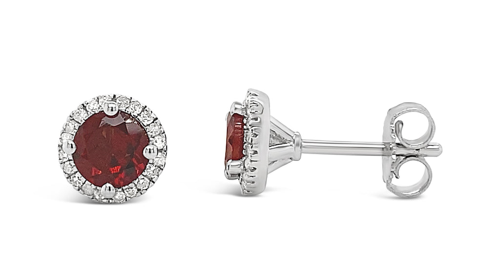 Stud Color Gemstone Earrings in Sterling Silver White with 2 Round Garnets 5.2mm