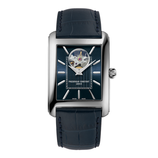 Blue dial, stainless steel, calfskin band watch.