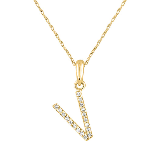 Yellow gold necklace with diamond V pendant.