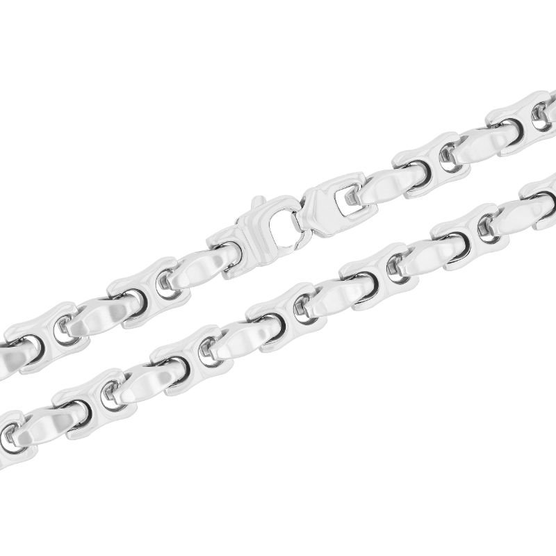 Stainless steel fancy link chain, polished finish.