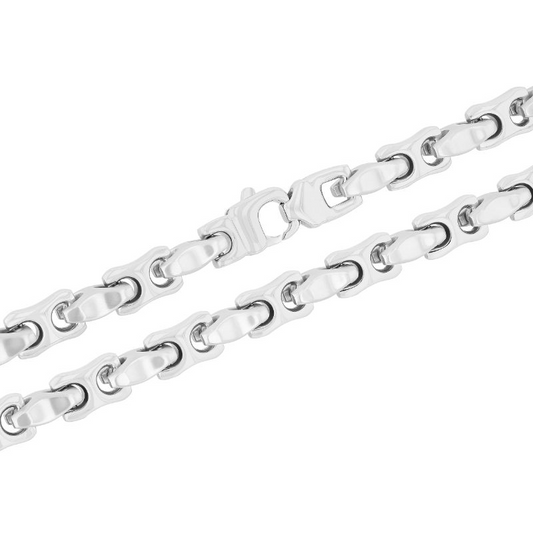 Stainless steel fancy link chain, polished finish.