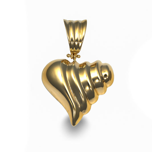 14K Yellow Gold Ribbed Puffed Heart Omega Slide Pendant