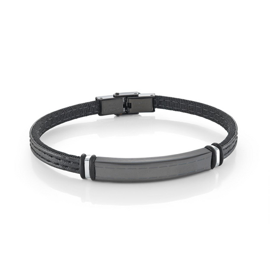 Leather Bracelet (No Stones) in Stainless Steel - Leather Black