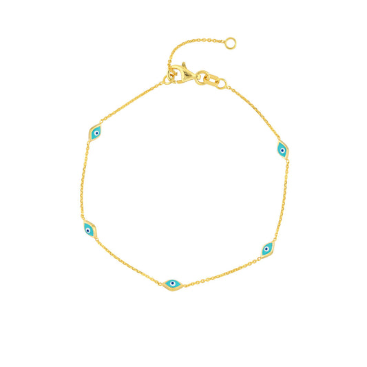 14K yellow gold ankle bracelet, evil eye design.