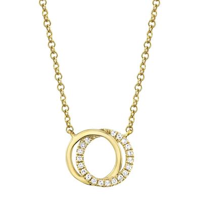 Yellow gold necklace with diamond circle pendant.