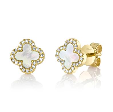 Stud Color Gemstone Earrings in 14 Karat Yellow with 2 Clover Mother Of Pearls