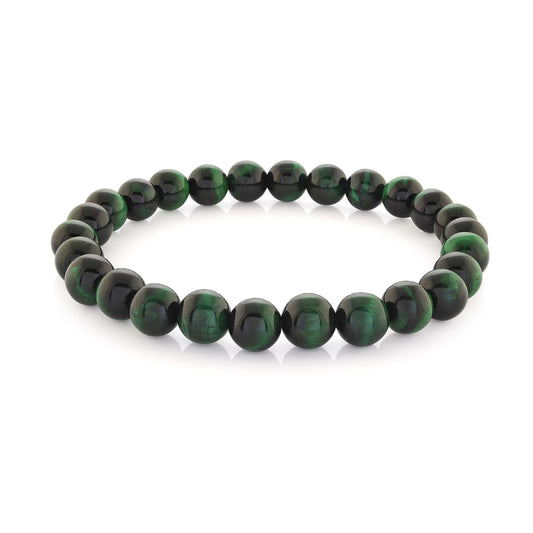 Bead Color Gemstone Bracelet in Elastic Green with 25 Round Green Tiger Eyes 8mm-8mm