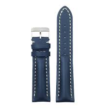 Blue leather watch band with white stitching.