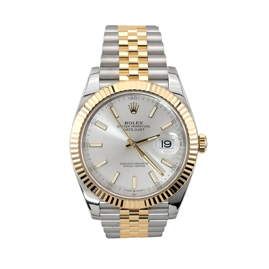Stainless steel and gold watch with silver dial.