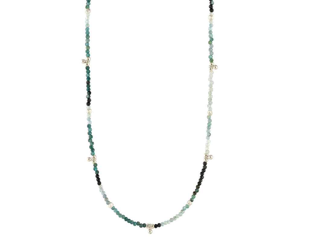 Grandidierite bead necklace with silver accents.