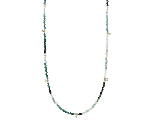 Grandidierite bead necklace with silver accents.