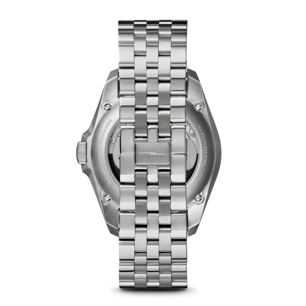 Stainless steel watch back with linked bracelet.