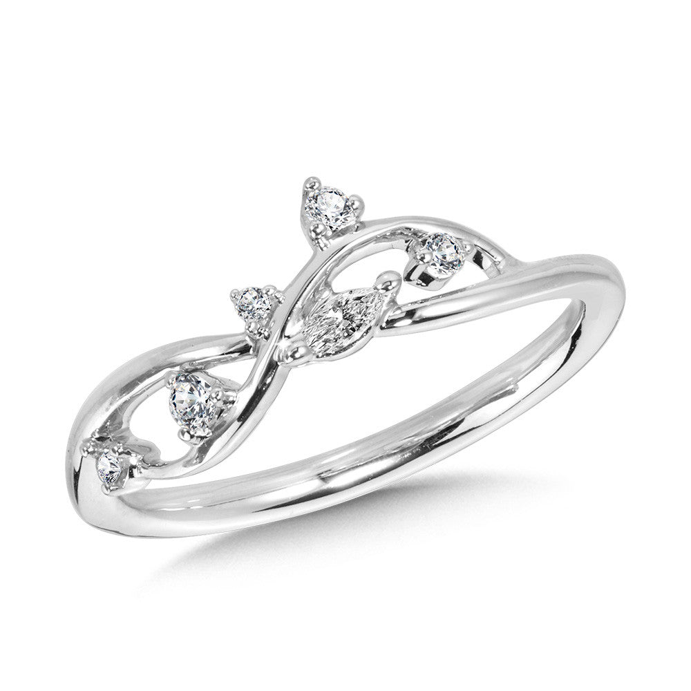White gold ring with various shaped diamonds.