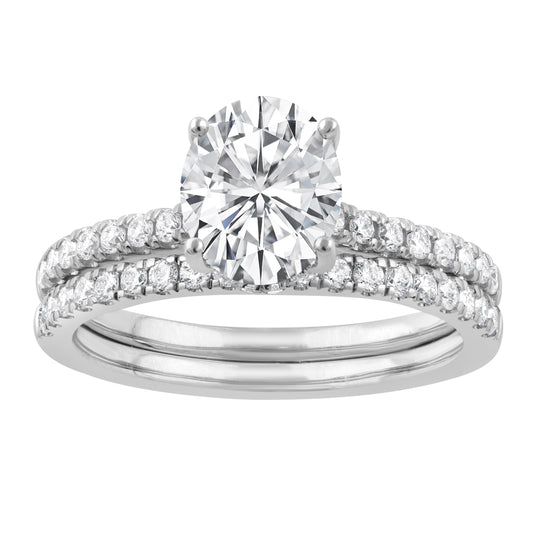 Hidden Accent Side Stone Lab-Grown Diamond Complete Wedding Set in 14 Karat White with 1 Oval Lab Grown Diamond, Color: F, Clarity: VS1, totaling 1.52ctw