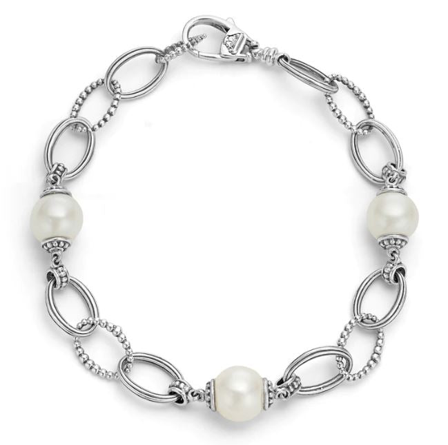 Luna Collection Station Color Gemstone Bracelet in Sterling Silver White with 5 Freshwater Pearls