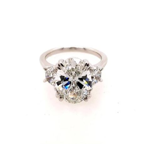Three Stone Lab-Grown Diamond Complete Engagement Ring in 14 Karat White with 5.09ctw G VS2 Oval Lab Grown Diamond