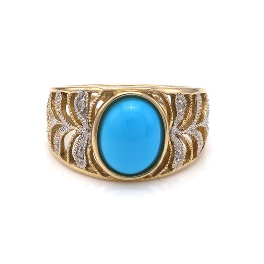 Yellow enamel ring with oval turquoise gemstone.