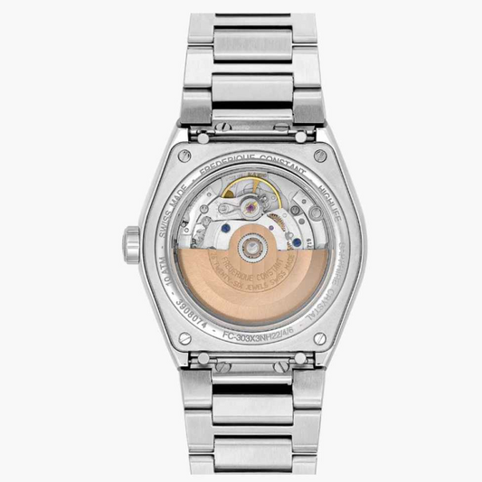 Stainless steel watch with visible movement.