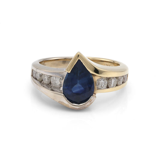 Marks Estate Dept 1 Color Gemstone Ring in 14 Karat White Yellow Gold with 1 Pear Blue Sapphire 2.07ctw 9.8mm