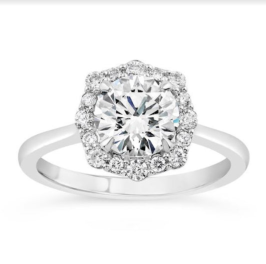 Halo Lab-Grown Diamond Semi-Mount Engagement Ring in 14 Karat White with 16 Round Lab Grown Diamonds, Color: F/G, Clarity: VS, totaling 0.45ctw