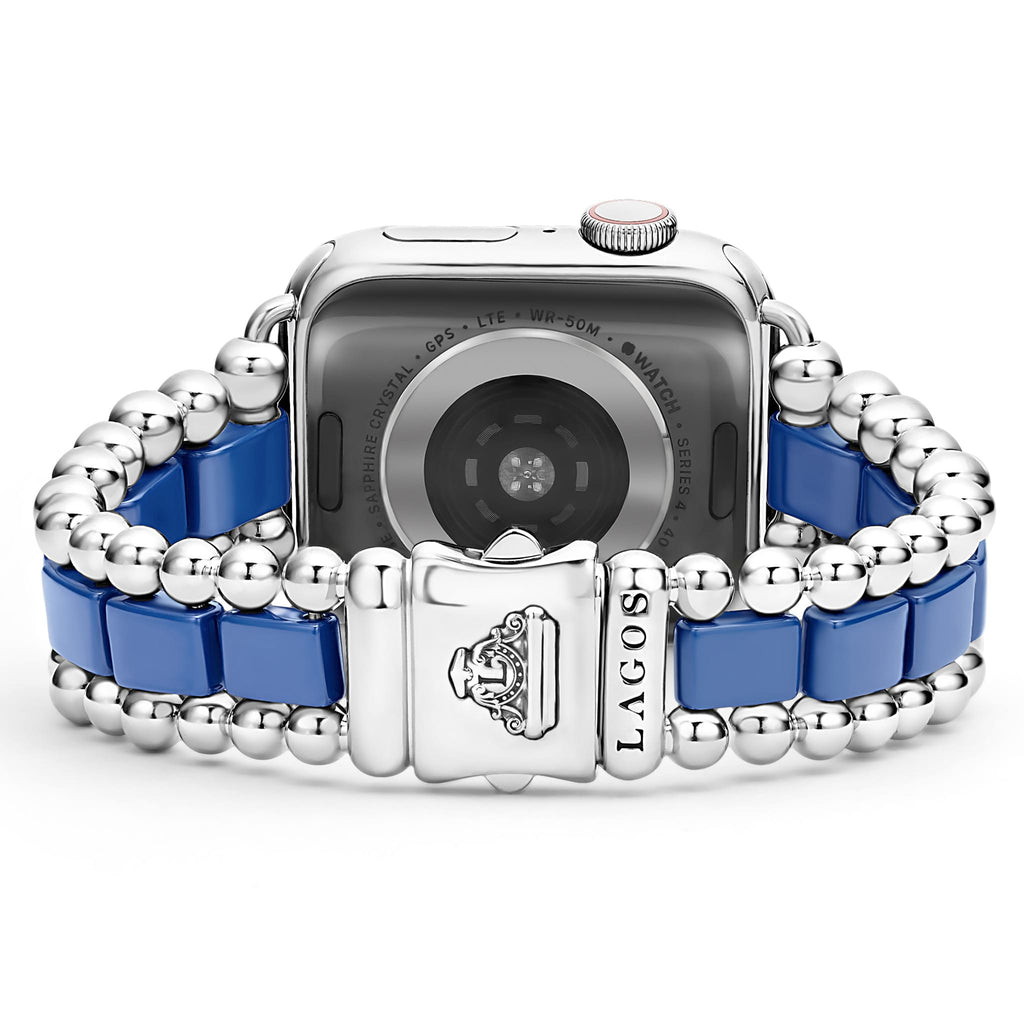 Stainless steel and blue ceramic watch band.