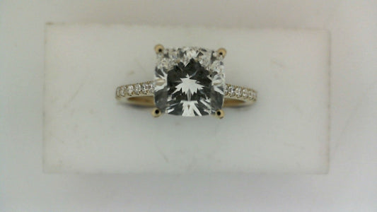 Hidden Accent Side Stone Lab-Grown Diamond Complete Engagement Ring in 14 Karat Yellow with 1 Square Cushion Lab Grown Diamond, Color: F, Clarity: VS2, totaling 2.56ctw