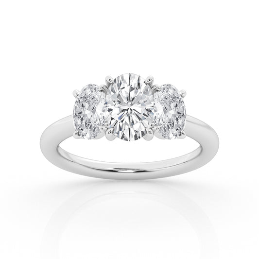 Three Stone Lab-Grown Diamond Complete Engagement Ring in 14 Karat White with 3.00ctw G VS1 Oval Lab Grown Diamond