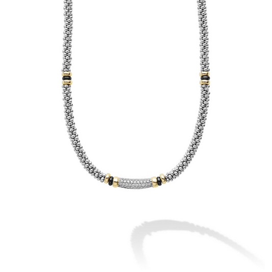 Lagos Black Caviar Collection Natural Diamond Necklace in Sterling Silver - 18 Karat White-Yellow-Black with 0.17ctw G/H SI1-SI2 Round Diamond