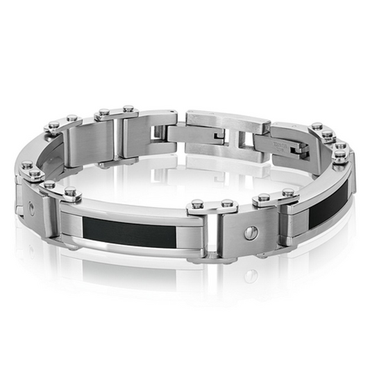 Fancy Link Bracelet (No Stones) in Stainless Steel - Carbon Fiber White - Black