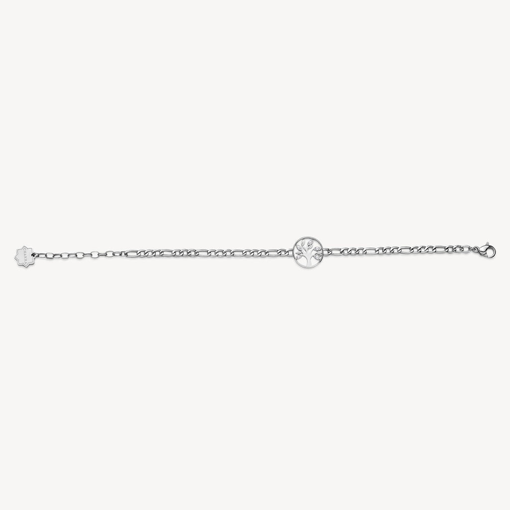 White stainless steel bracelet with round crystals.