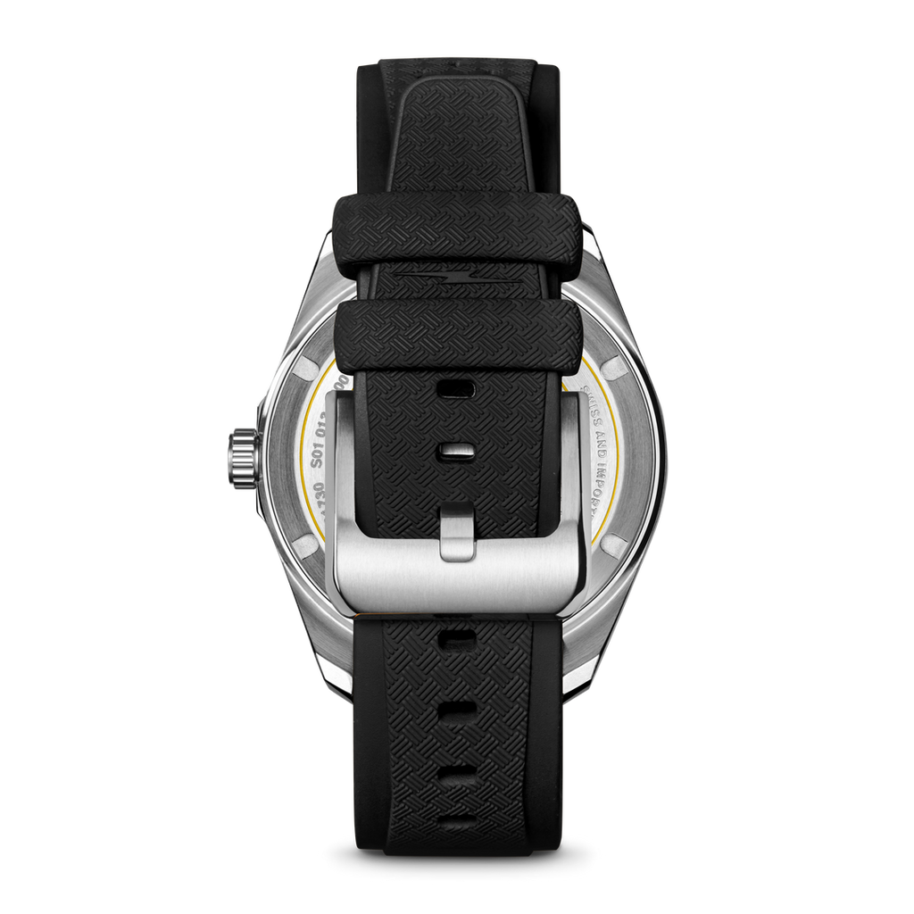 Black rubber strap, stainless steel buckle, textured pattern.