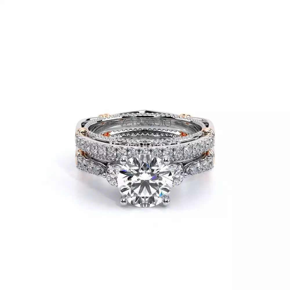 White and rose gold diamond engagement ring.
