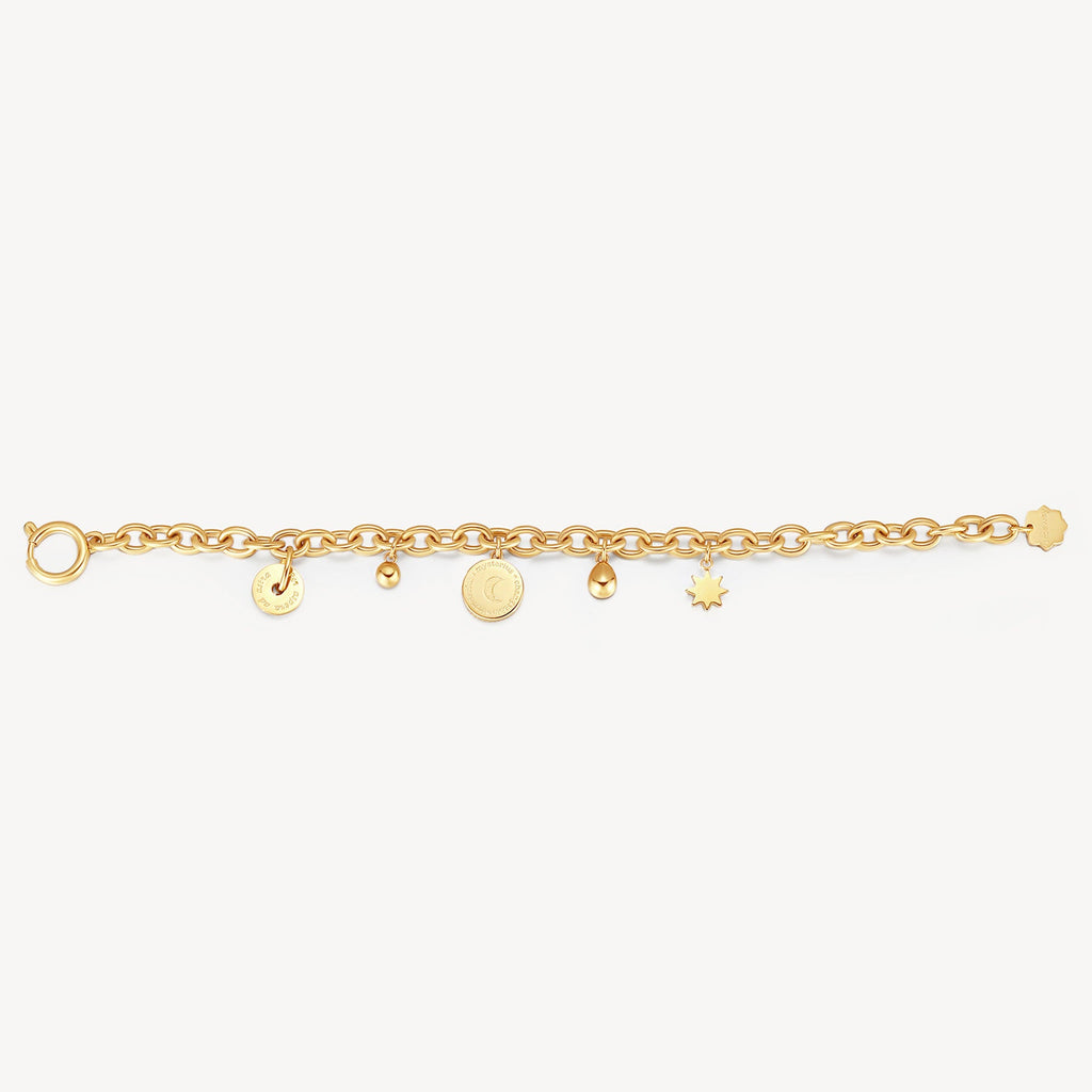 Yellow stainless steel bracelet with various charms.