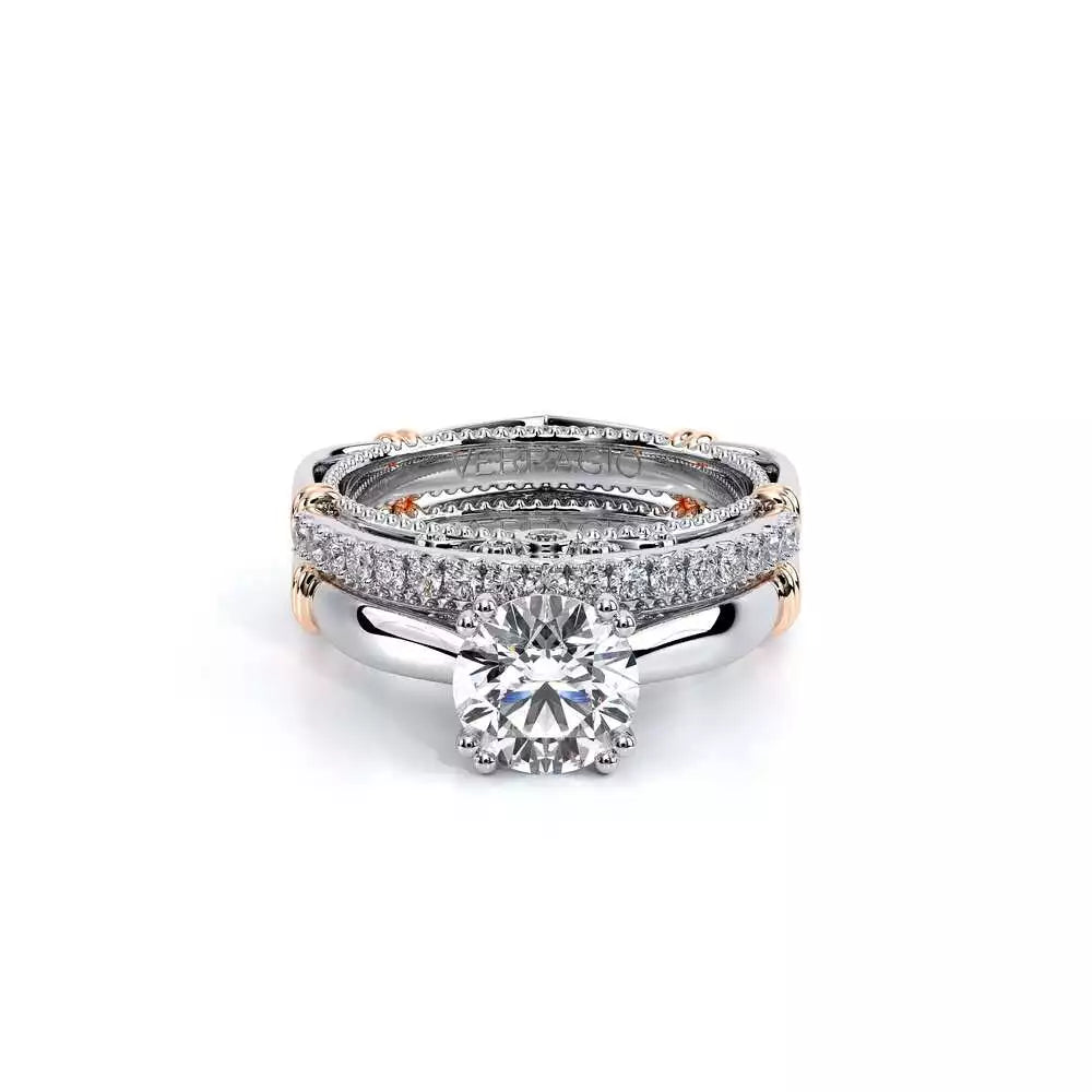 White gold ring with round diamond accents.