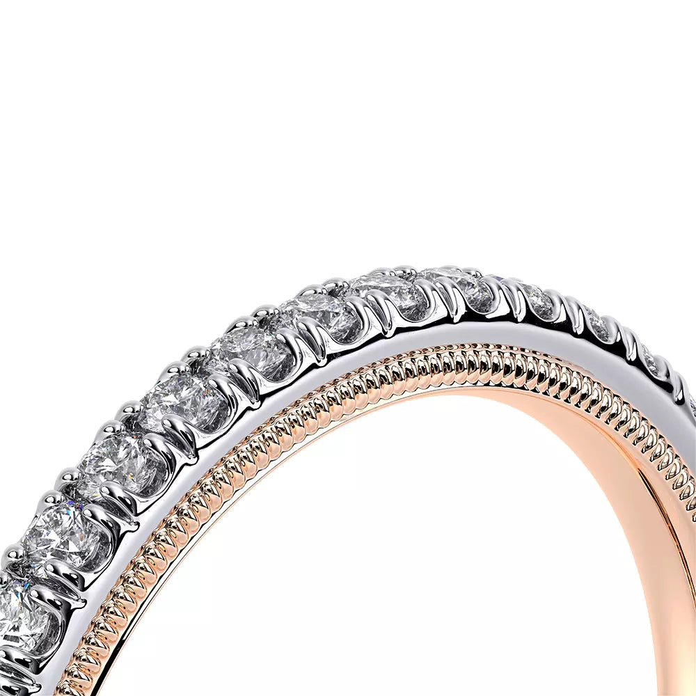 White and rose gold diamond wedding band.