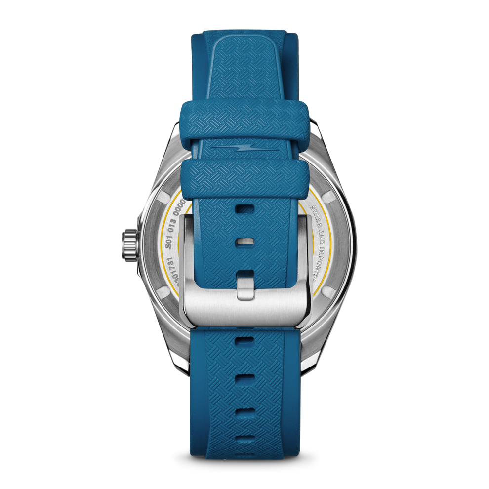 Blue textured rubber strap, stainless steel buckle.